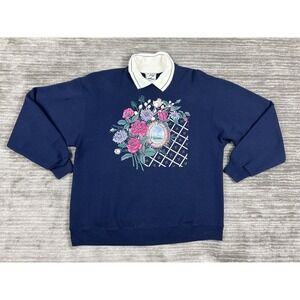 Vintage Whim Z Sweatshirt Womens Large Blue Floral‎ Grandmacore Made USA 90s